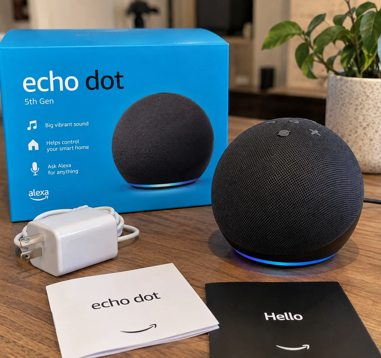 Amazon Echo Dot (5th Gen) with the box and accessories