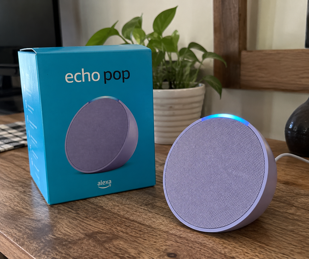 Amazon Echo Pop with the box