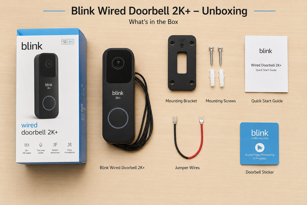 this pictures consists all items which are included in the Blink Wired Doorbell 2K+ box