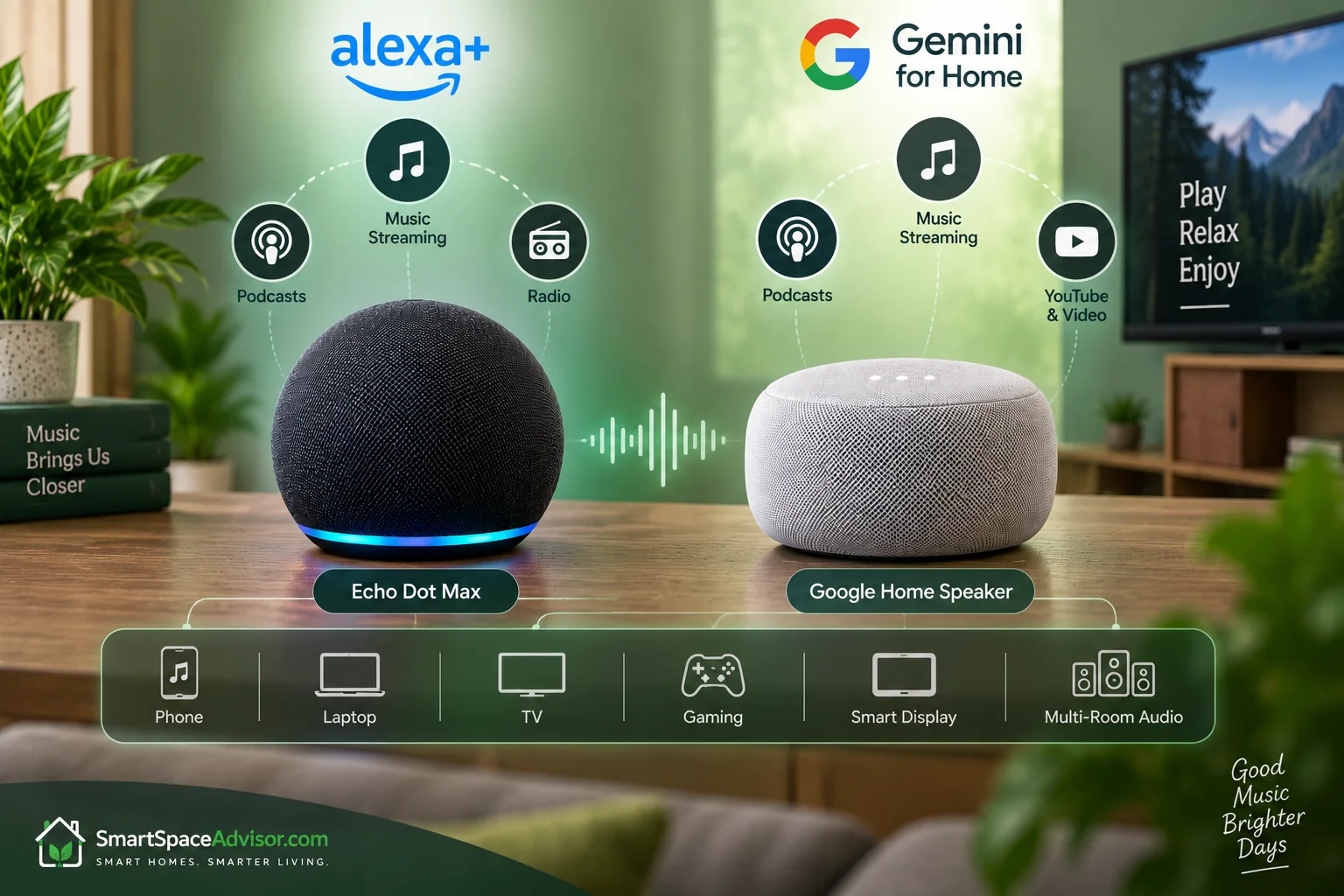 Echo Dot Max and Google Home Speaker music and entertainment comparison diagram
