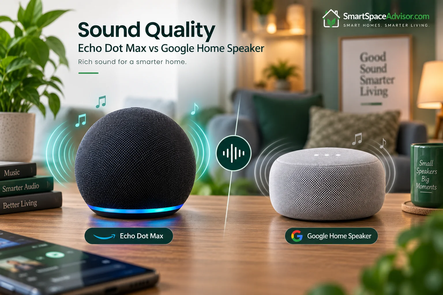 Echo Dot Max vs Google Home Speaker sound quality comparison diagram