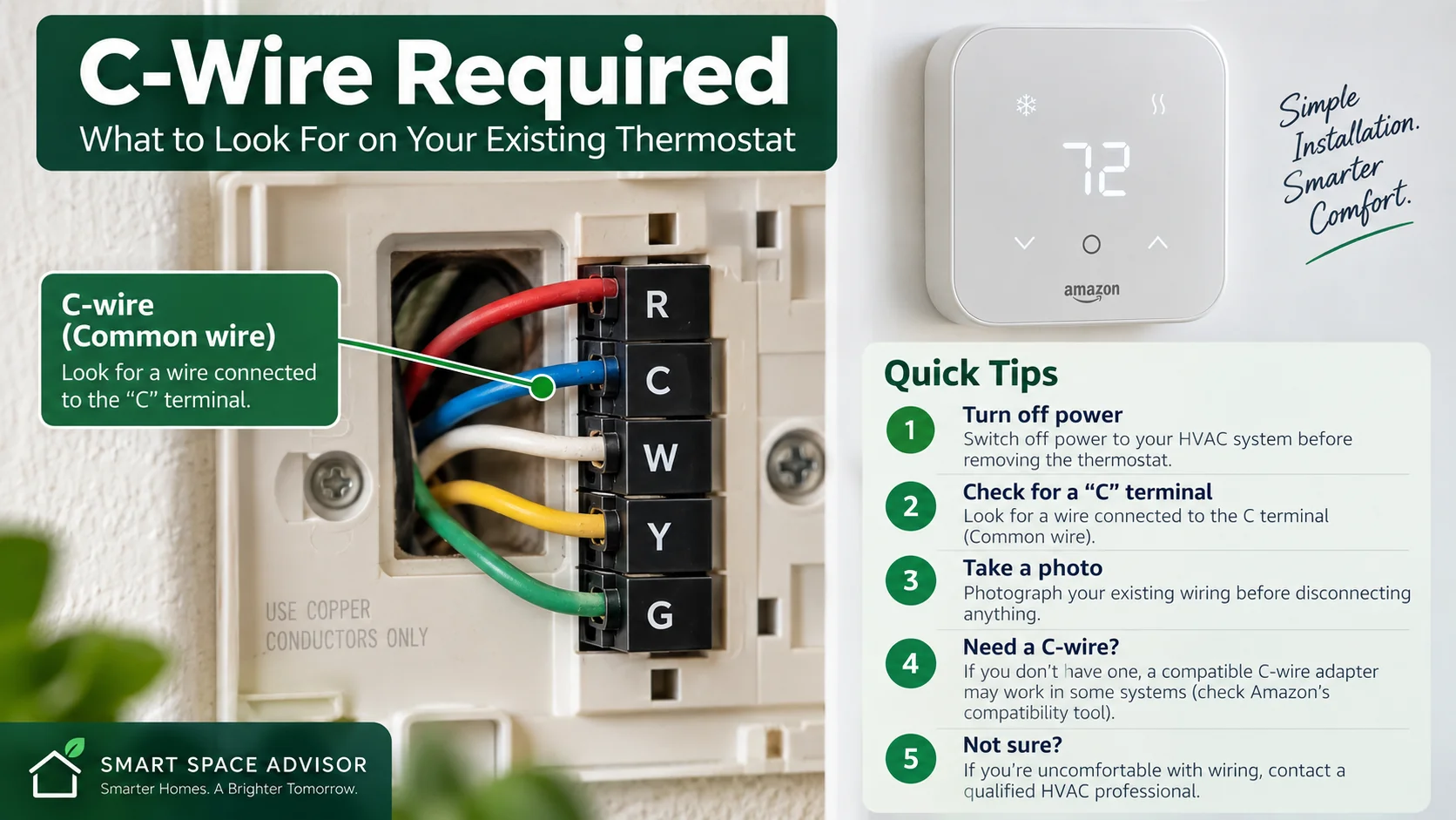 Amazon Smart Thermostat C-wire requirement and thermostat wiring example
