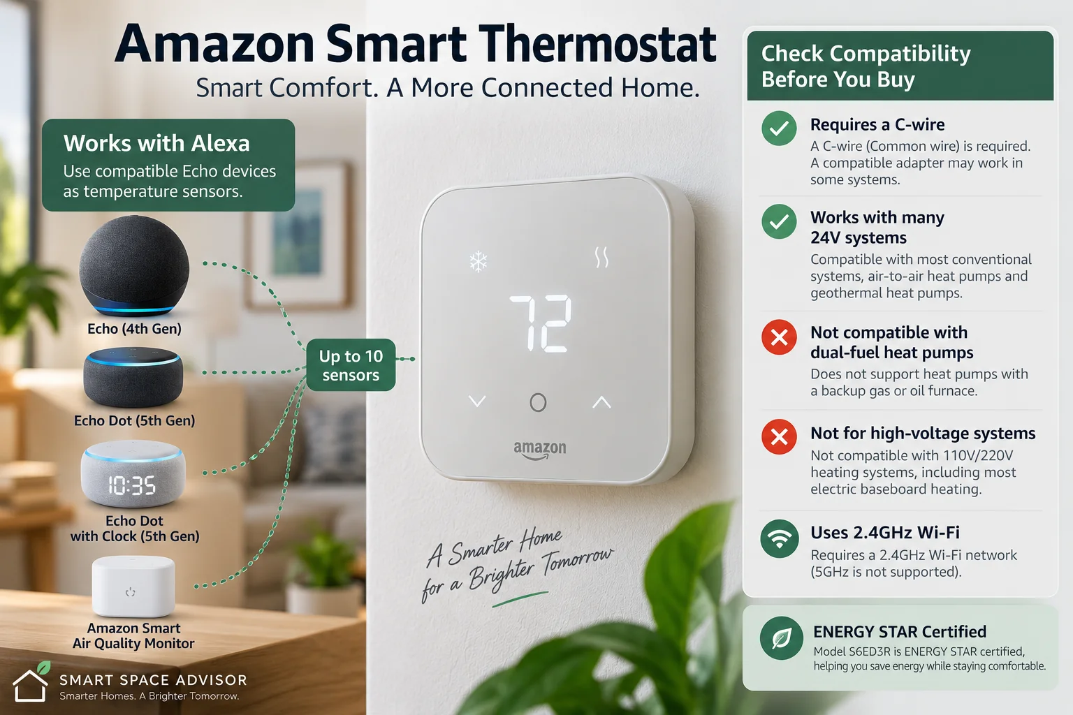 Amazon Smart Thermostat compatibility, C-wire, Alexa sensors and HVAC requirements