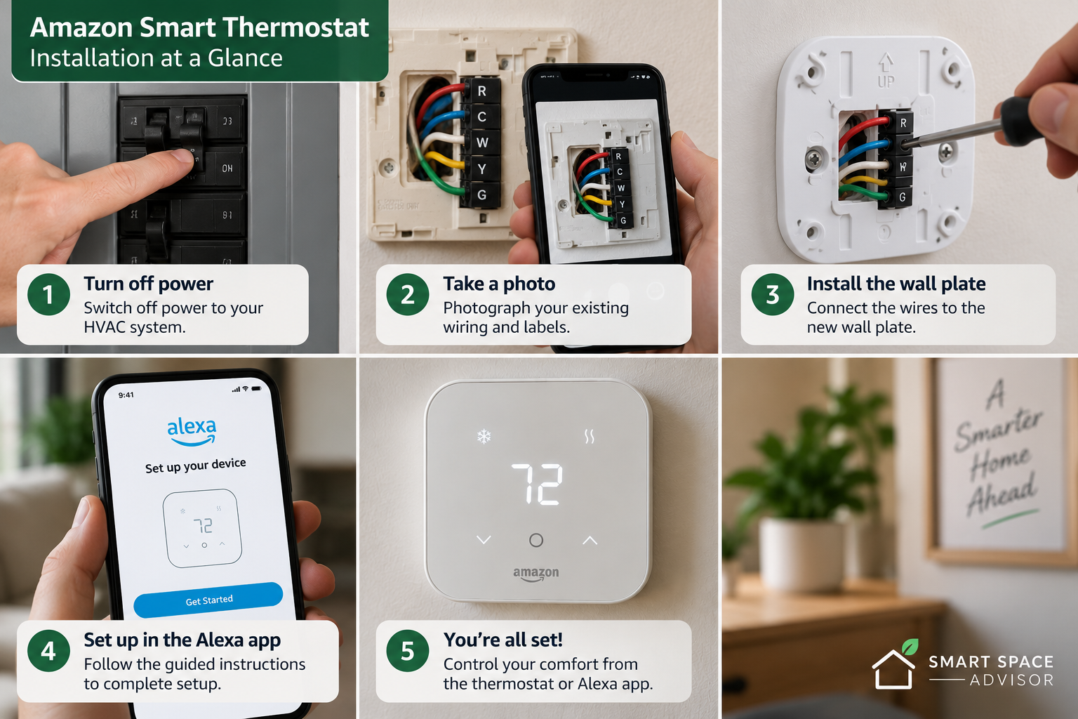 Amazon Smart Thermostat installation steps including wiring and Alexa app setup