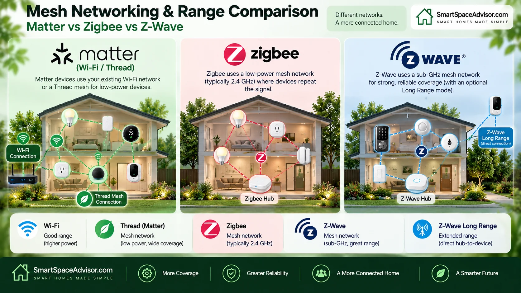 Matter, Zigbee and Z-Wave mesh networking and range comparison