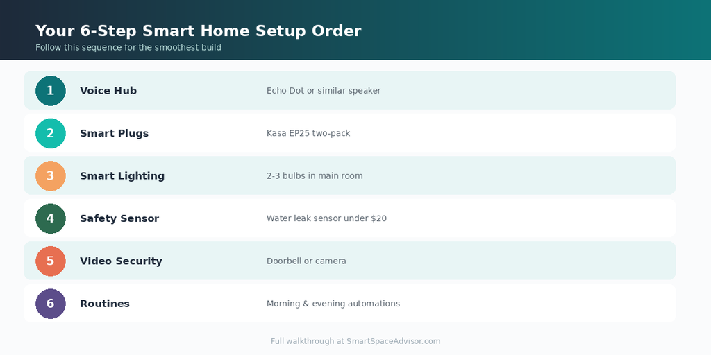 Six-step recommended order for setting up a smart home — voice hub, plugs, lighting, safety, security, routines