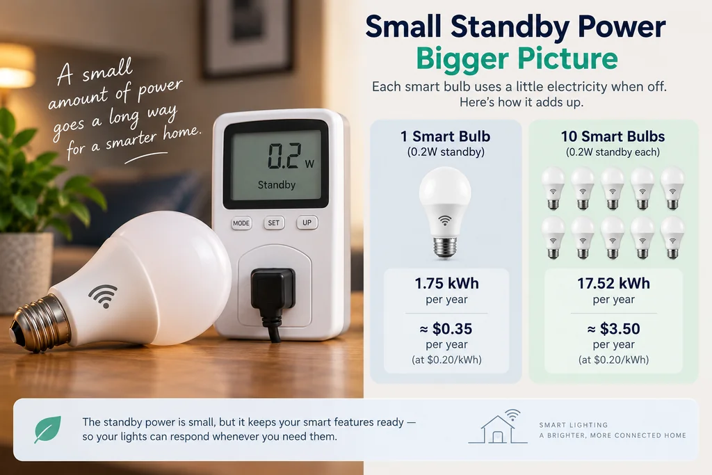 Annual electricity cost of one vs ten smart bulbs using 0.2 watts in standby
