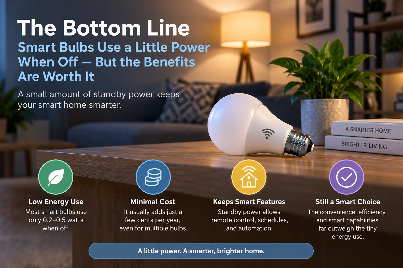 Smart bulb standby power benefits including low energy use and smart home connectivity