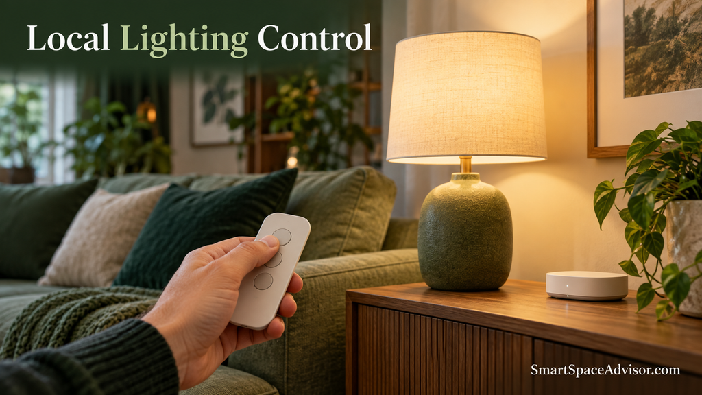 Hand using a wireless lighting remote beside an illuminated lamp and smart-home hub.