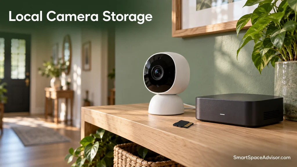 Indoor security camera beside a microSD card and local recording hub.