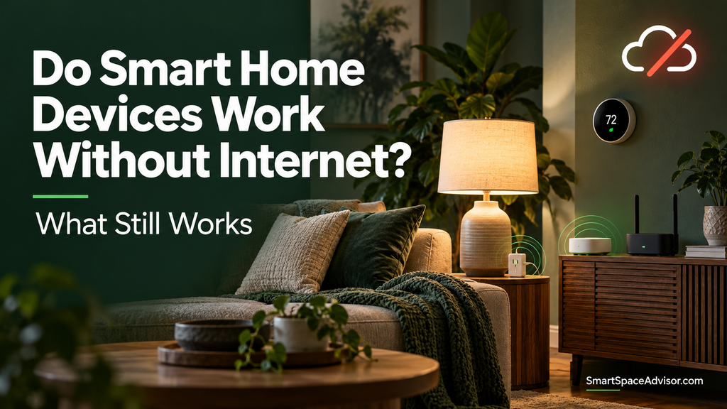 Smart home living room with a lit lamp, thermostat, router and hub beside a disconnected cloud symbol.
