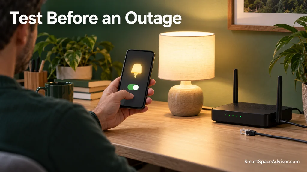 Homeowner checking lamp control on a phone beside a powered router and disconnected Ethernet cable.