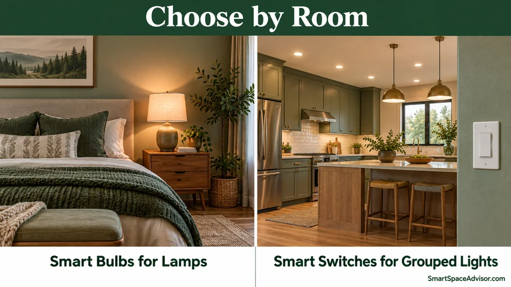 Bedroom lamp and kitchen ceiling lights illustrating different smart-lighting choices.