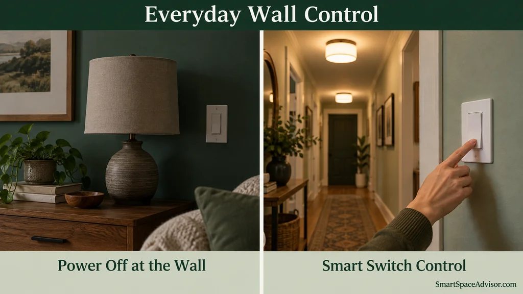 Unlit table lamp beside an ordinary switch compared with illuminated hallway lights and a smart switch.