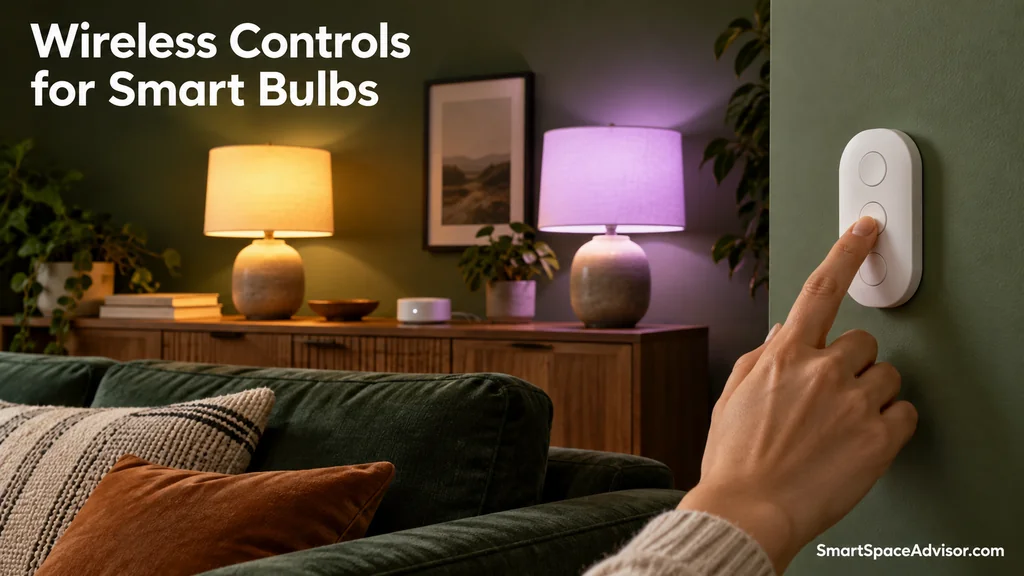 Hand pressing a wireless lighting remote beside lamps glowing amber and purple.